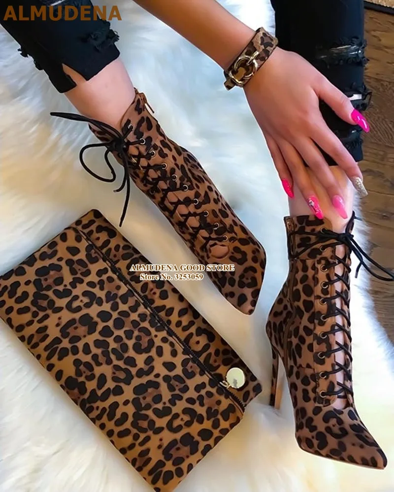 ALMUDENA Leopard Suede Pointed Toe Ankle Boots Stiletto Heels Lace-up Gladiator Booties Sexy Printed Short Motorcycle Boots