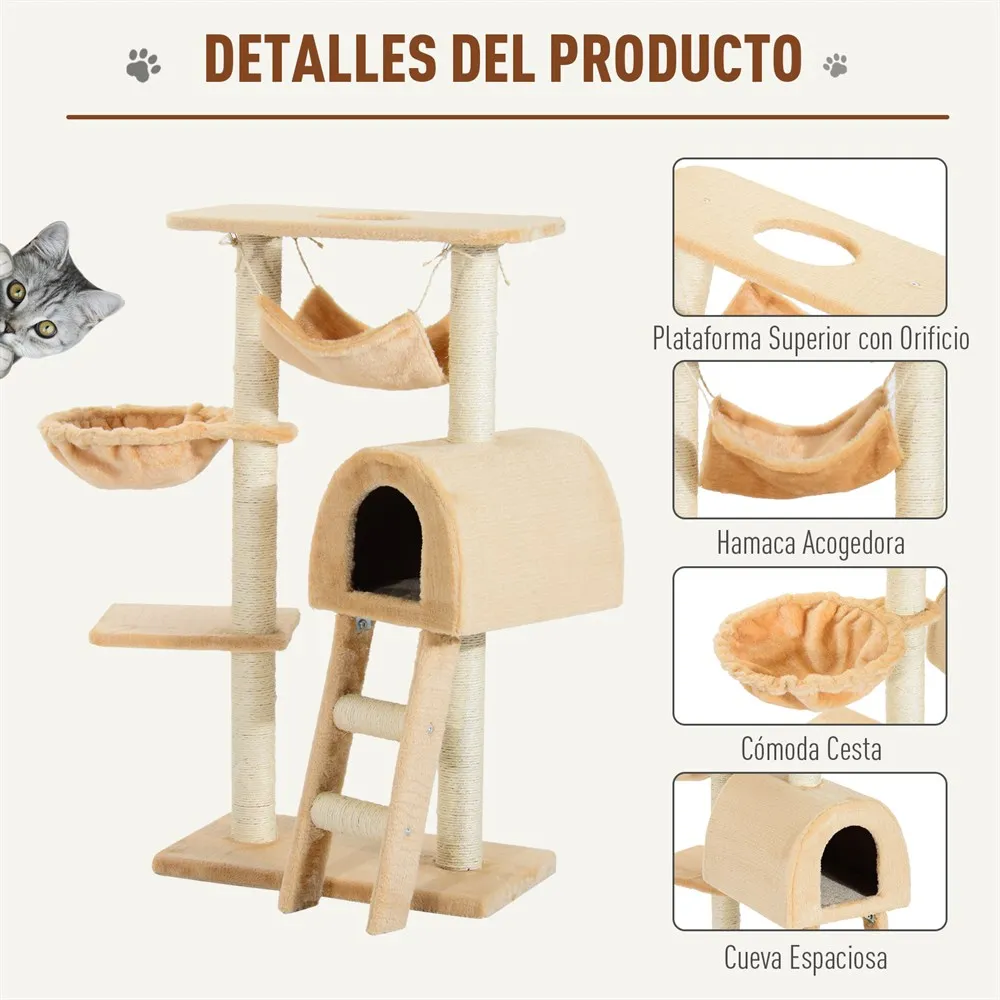 PawHut arbol para Gatos Rascador con Poste para Aranar Nido Hamaca Plataforma Caseta Escalera Terciopelo 55x30x100cm