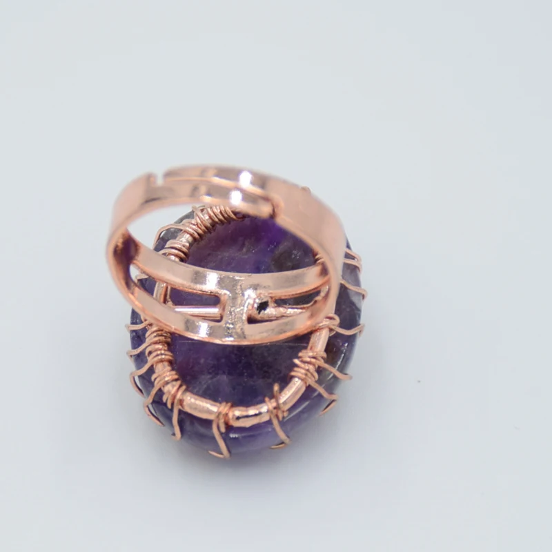 Rose Gold Color Wire Wrapped Tree Finger Ring for Women Crystal Oval Egg Shaped Natural Stone Adjustable Rings Charms Jewelry