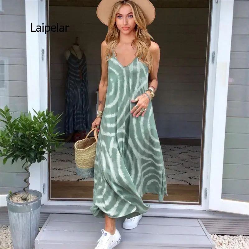 2021 Summer Drawstring Long Skirt Bohemian Style Fashion Print Sleeveless Beach Holiday Women Dress