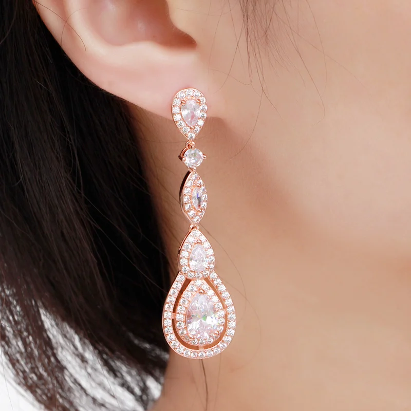 CWWZircons Rose Gold Color Luxury Long Dangle Round Water Drop Elegant CZ Earrings for Women Bridal Wedding Jewelry Dress CZ766