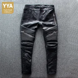 Motorcycle 100% Genuine Leather Pants Men Brand Windproof Washed Sheepskin Slim Trousers Street Multi-Pocket Black Pants 4XL