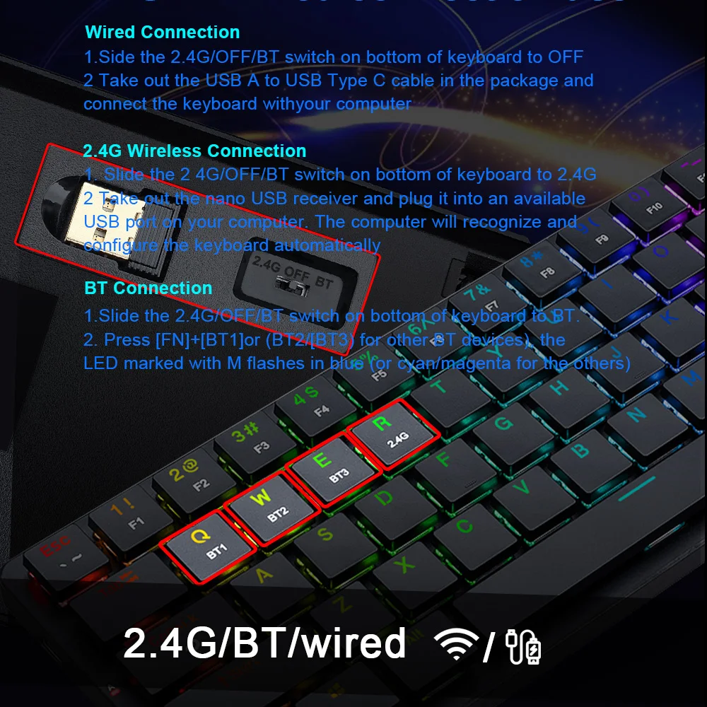 REDRAGON Elise Pro K624P RGB Super slim Mechanical Gaming Keyboard USB Support Bluetooth wireless 2.4G 63 Keys for Compute PC