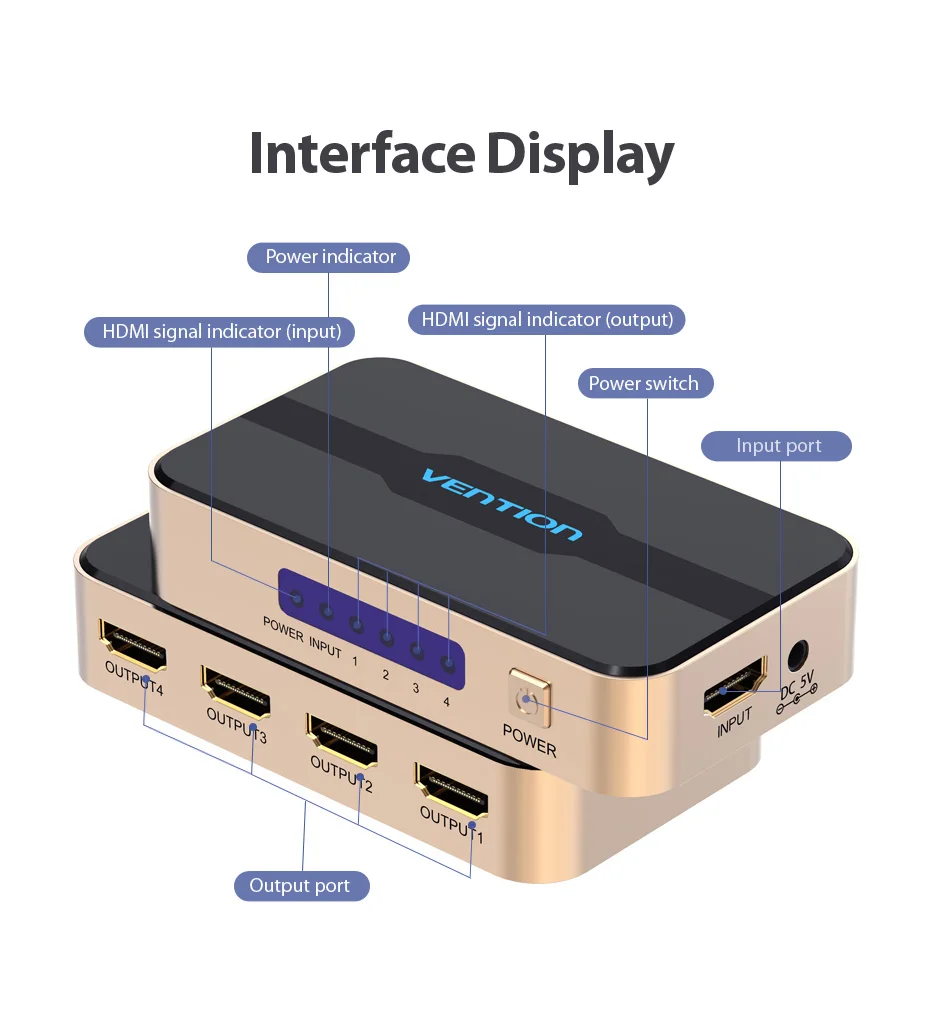 Tions HDMI Splitter 1 In 4 Out HD 4K/30Hz HDMI Schalter HDMI 1,4 1x2 1x4 Adapter Mit Netzteil für Xbox PS4 TV HDMI Switcher – Detail 8