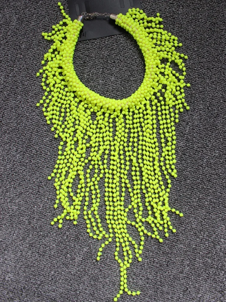 Chic Ins European Statement Fashion Chains Women Neon Yellow Beads Necklaces Hand-Made Punk Girl Tassels Chokers Drop Shipping