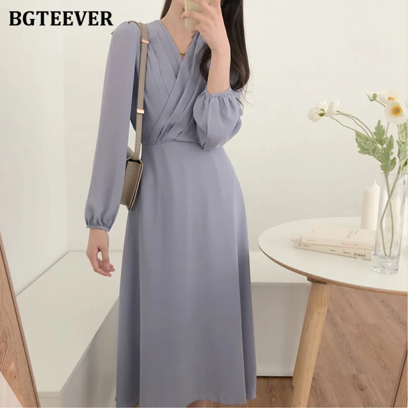 BGTEEVER Elegant V-neck Women A-line Chiffon Dress Slim Waist Lace-up Female Midi Dress 2021 Spring Full Sleeve Vestidos Femme