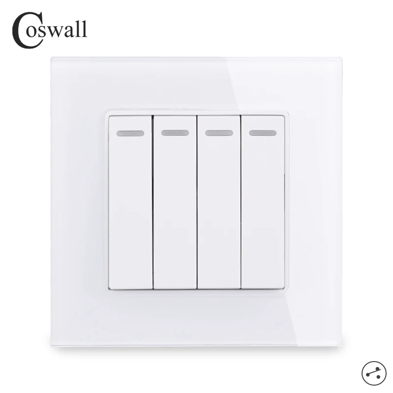 COSWALL 4 Gang 2 Way Luxury Crystal Glass Panel Light Switch On / Off Pass Through Wall Switch 16A