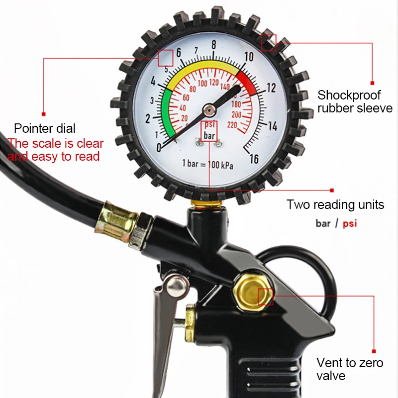 Auto Tire Pressure Gauge Pressure Gauge for Motorcycle Air Compressor Car Motorcycle SUV Inflator Pump Tools 220psi Self-locking