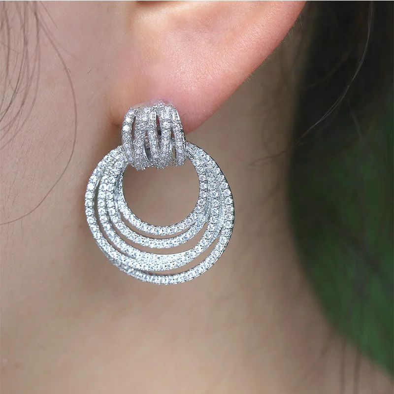 Irregular Luxury Multilayer Circles Trendy Sparkling Zircon Earrings Crystal Dangle Earring Wedding Jewelry