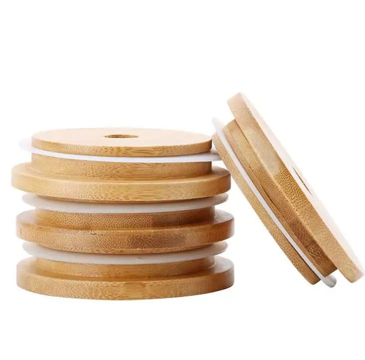 Bamboo Mason Jars Lids 70mm 88mm Wide Mouth Mason Jars with Drinking Straw Hole Mason Jars Lid