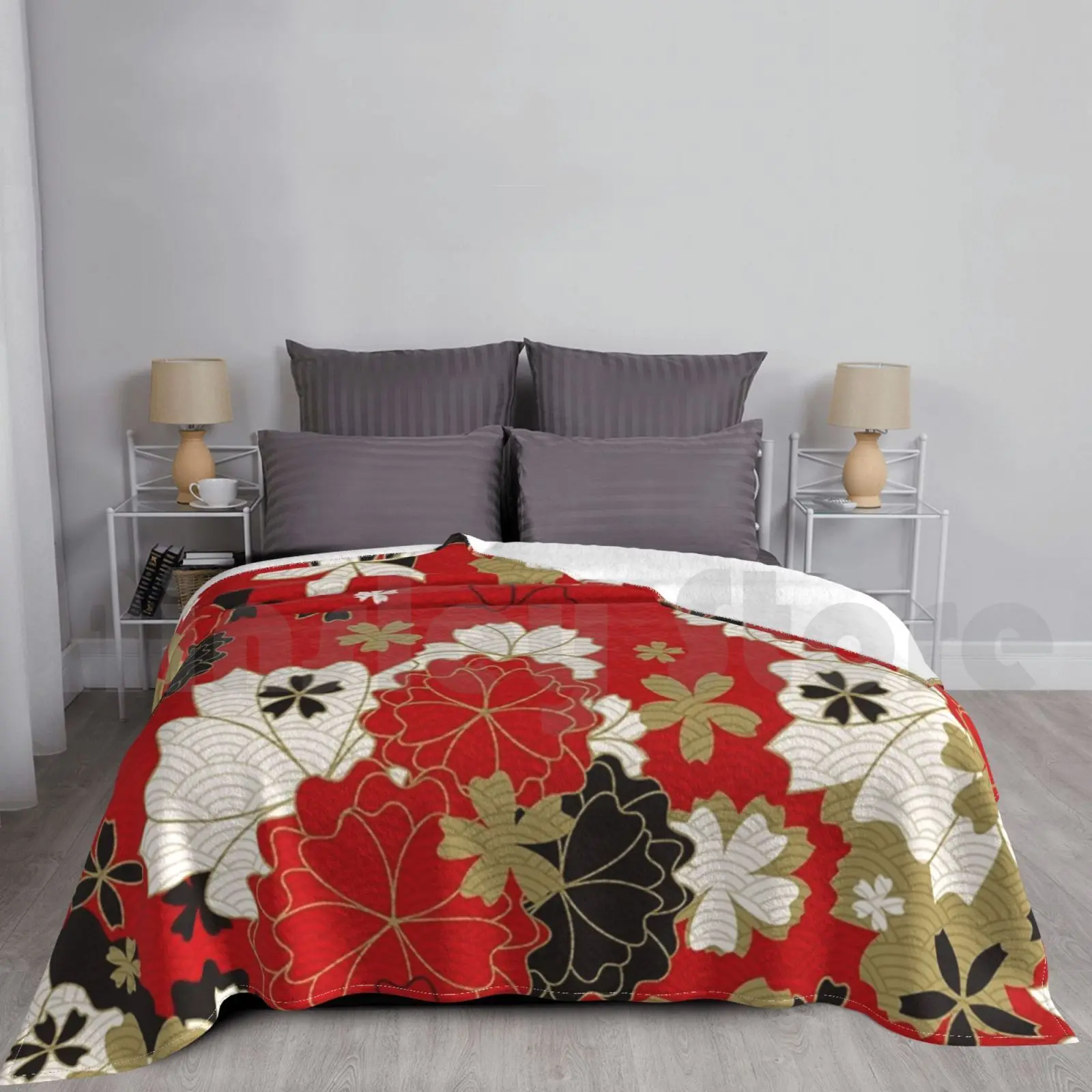 Manta floral roja súper suave, cálida, ligera, fina, negra, blanca, roja, dorada, patrón de flores, flores de cerezo, diseño asiático japonés