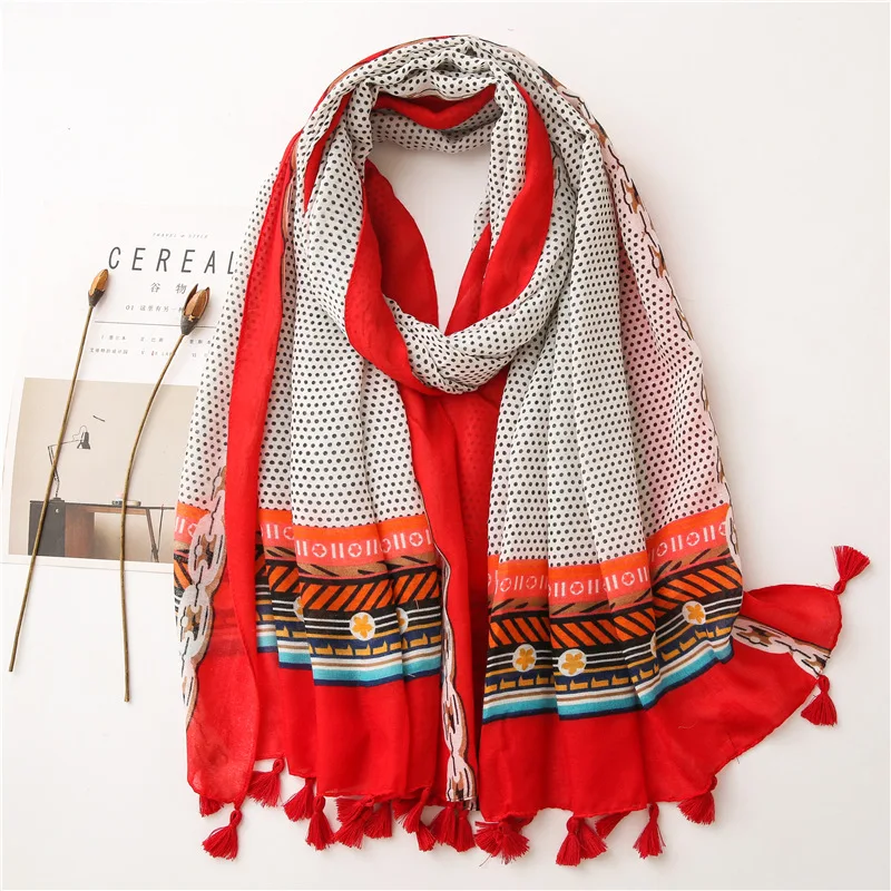 

Ladies Fashion Autumn Polka Dot Patchwork Tassel Viscose Scarf High Quality Shawls and Wraps Stole Foulard Muslim Hijab 180*90Cm