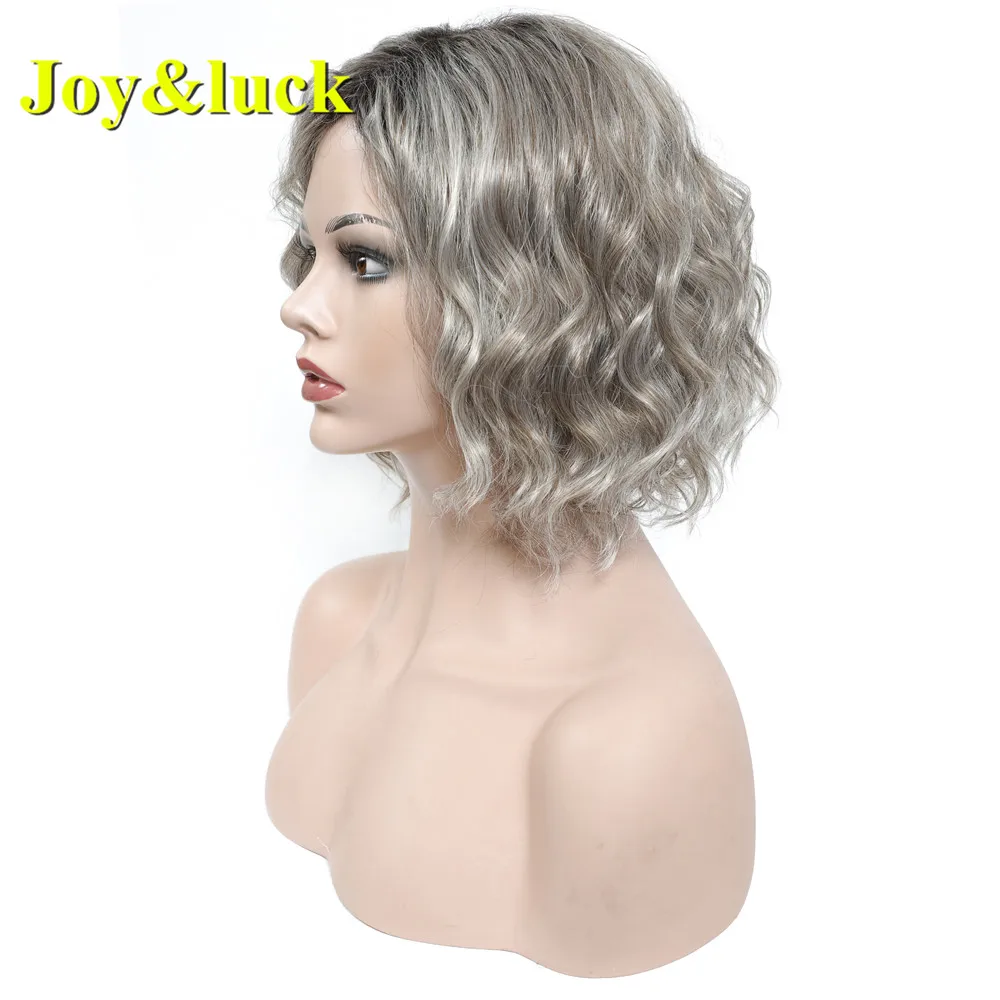 Joy&luck Short Water Wave Wig Ombre Grey Synthetic Wigs For Women Hair Wigs With Bangs Cosplay Or Party Hair Wigs