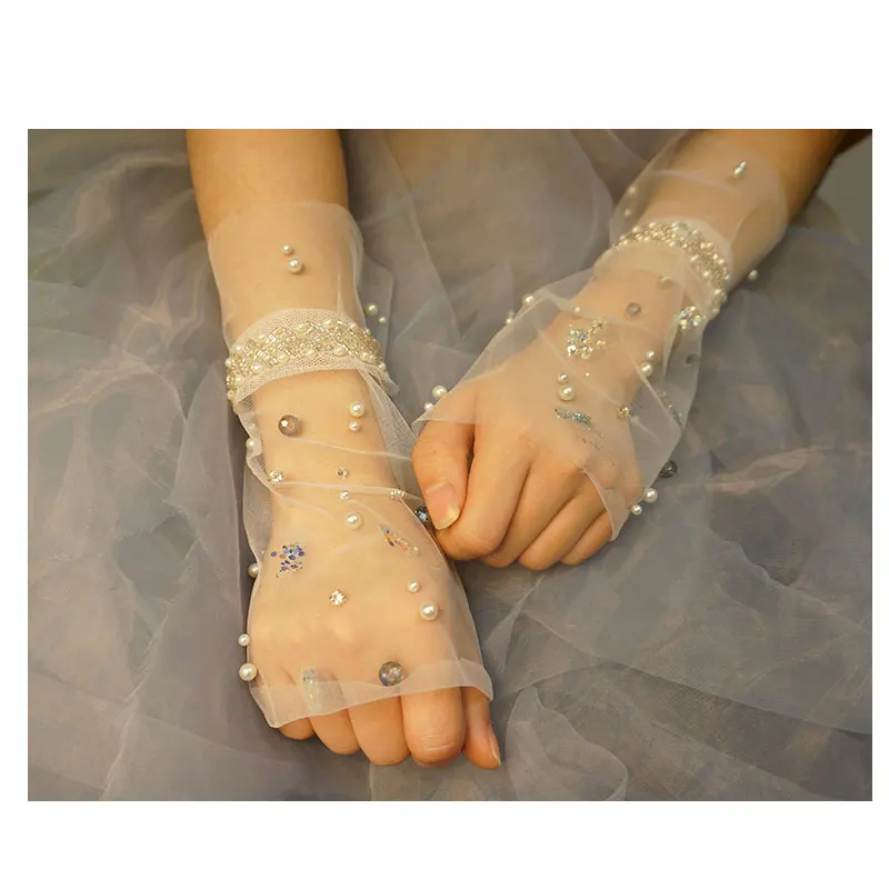 Soft Tulle bride gloves gauze gloves Pearl Crystal Beads short gloves wedding dress wedding accessories