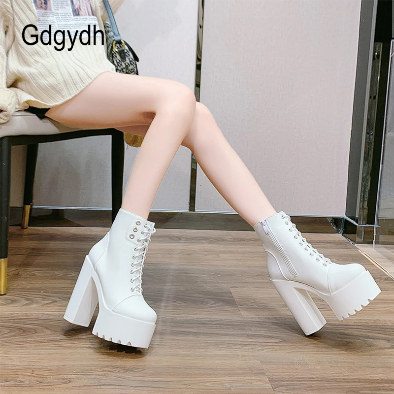 Gdgydh Womens Comfy Booties Platform Stage Performance Shoes High Heels White Black Chunky Heel Cosplay Shoes For Lady Zipper