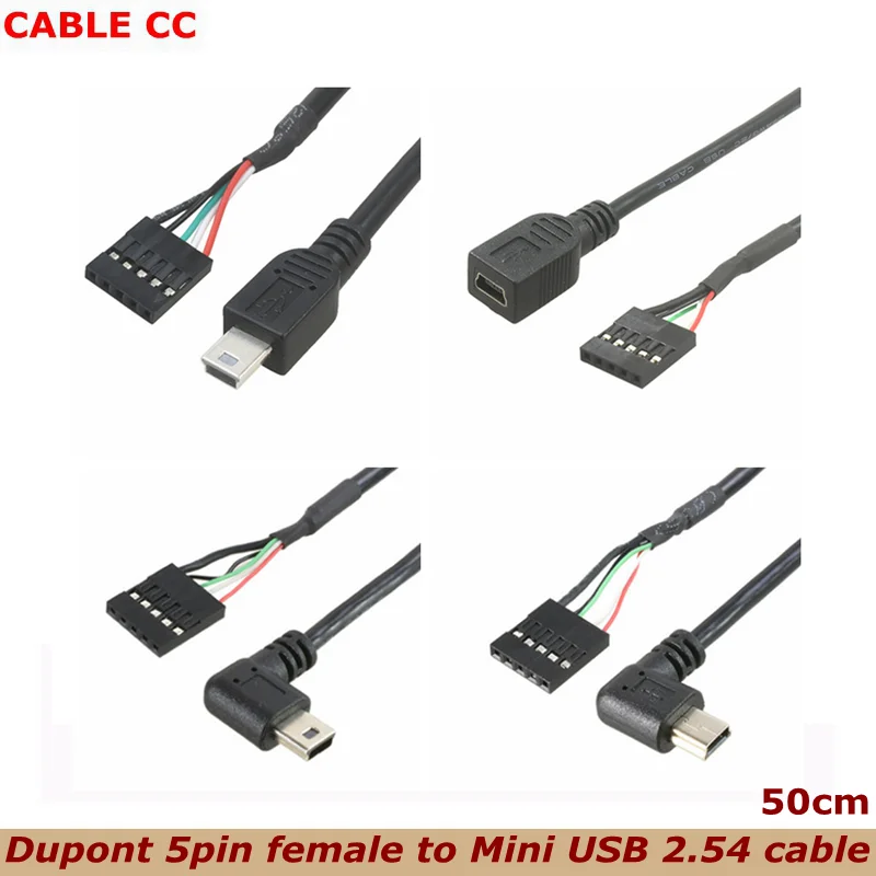 Mini USB Male and Female Socket Panel Mount to 2.54 mm Spacing 5 Pin Female USB Shell PCB Motherboard DuPont Cable 0.5m