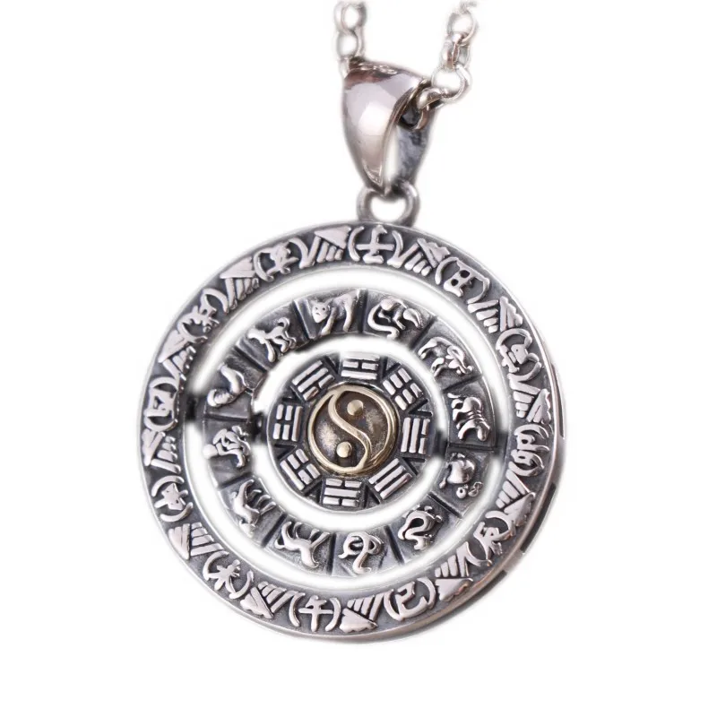 100% S925 Silver Jewelry Zodiac Signs Nine Palaces and Eight Trigrams Taoism Yin and Yang Tai Chi Trendy Good Luck Man Pendant