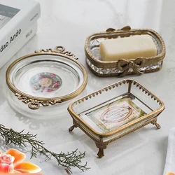 Vintage Carved Brass Glass Soap Holder Pastoral Soap Dish Ornaments Relief Craft Crystal Bow Soap Organizer Bathroom Accessories
