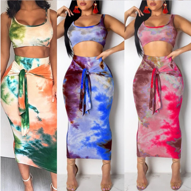 2Pcs Women Set Clothes Sleeveless Crop Top Bandaged Tie-dye print Vest Top+Skirt Ladies Summer Fashion Streetwear Clubwear