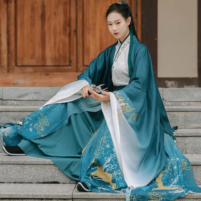 الأخضر Hanfu نمط الحديثة نمط زهرة التطريز فستان كيب كم كبير بلايز الدعاوى النمط الصيني تانغ سلالة هان عنصر #3