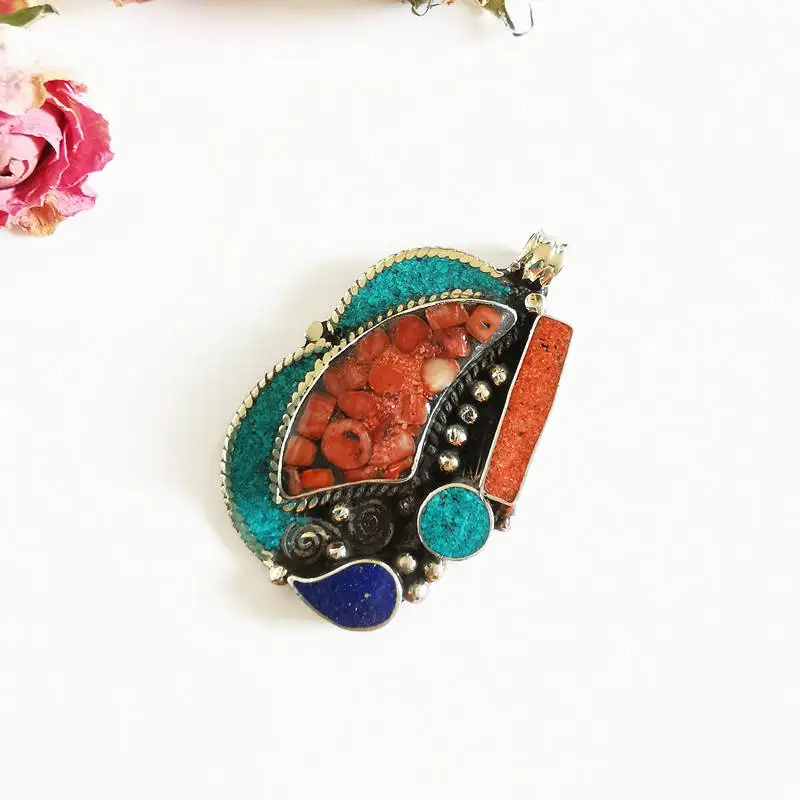 Nepal Jewelry Pendants White Metal Copper Inlaid Colorful Stone Big Pendant from Nepal TBP657