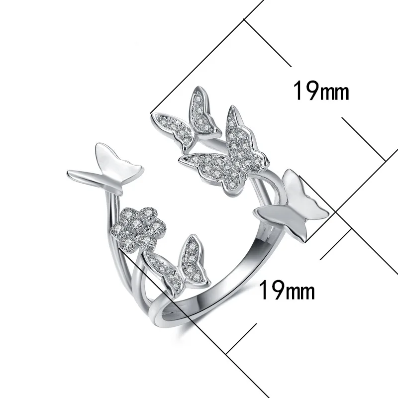 HUAMI Flower Rings Butterfly Adjustable Finger Ring Open Rose Gold Fashion Shiny Zircon Jewelry for Women Regalos Para Mujer