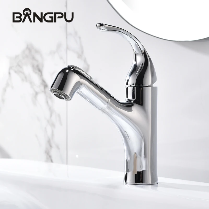 BANGPU Bathroom Pull Out Faucet 2 Function Sink Faucet  Single handle Bathroom Spout Stream Sprayer Nozzle Deck Mounted Chrome