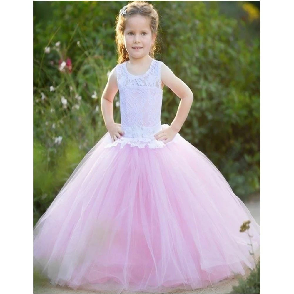 

New Lace Tulle Applique Kids Formal Wear Birthday Christmas Girls Pageant Baby Children Party Dress O-Neck Flower Girls Dresses