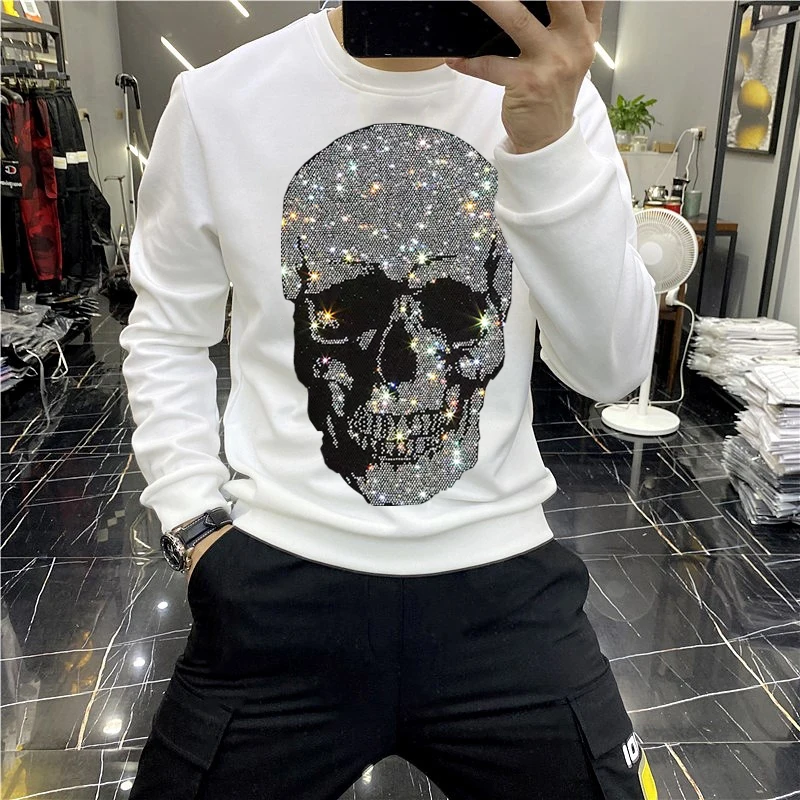 European Winter 2021 Brand Men\'s Hoodie Shiny Skull Hot Diamond Fashion Hoody Fleece Warm Casual Sweatshirt Street Star Oversize