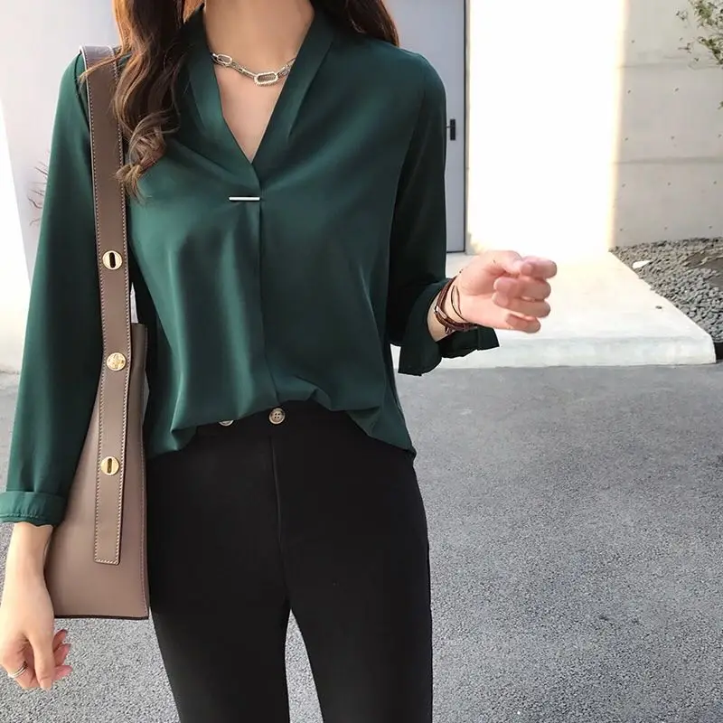 S-4XL Autumn Fashion Women Elegant V-neck Chiffon Blouse Office Lady Long Sleeve Work Shirts Female Streetwear Oversized  Tops