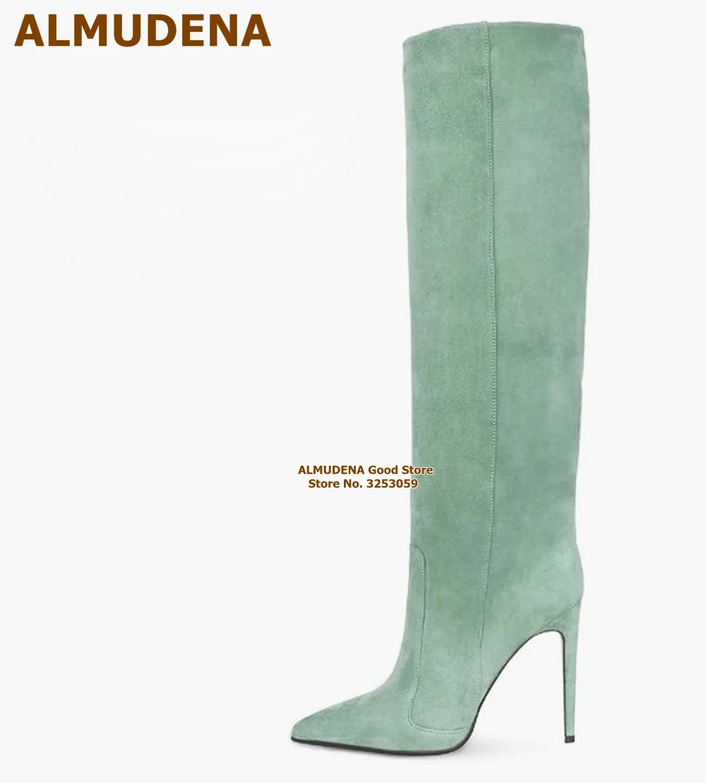 ALMUDENA Mint Green Suede Over The Knee Boots Stiletto Heels Pointed Toe Thigh High Boots Women Fall Winter Gorgeous Dress Shoes