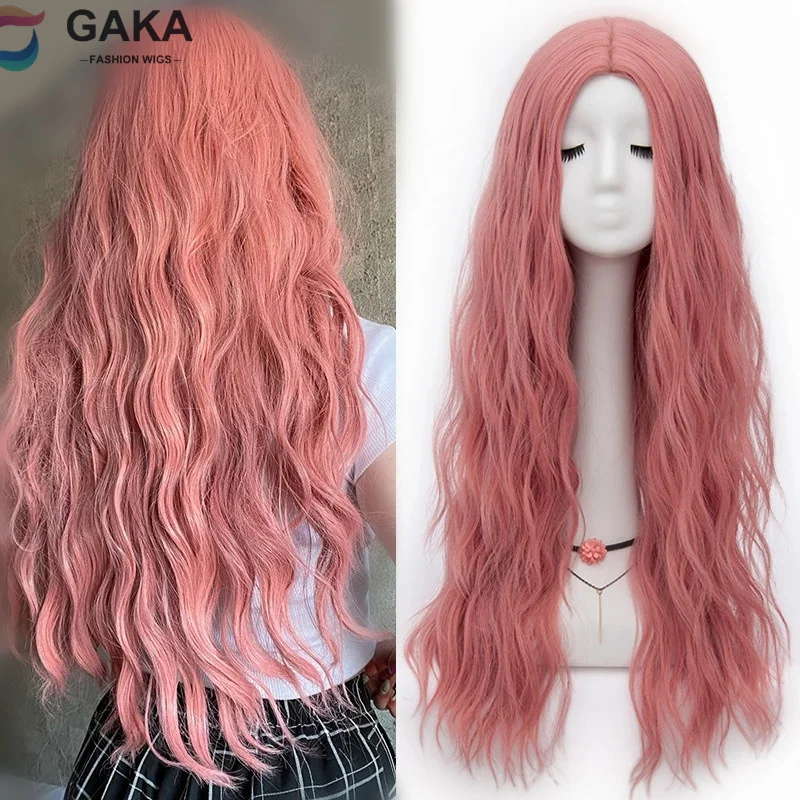 GAKA Long Curly Synthetic Wigs Heat Friendly Women\'s Pink Blonde Purple Cosplay Wig 27 Colors Natural Hair Daily Party Use