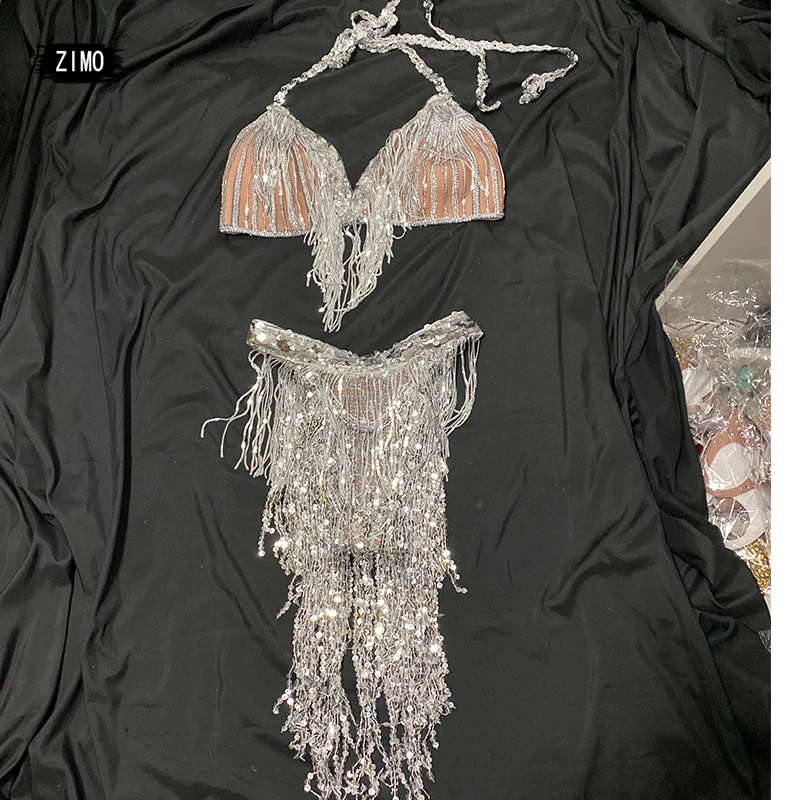 반짝 이는 실버 스팽글 술 비키니 세트 여성 섹시한 백 레스 브래지어 반바지 나이트 클럽 Dj 가수 바 무대 쇼 폴 댄스 의상