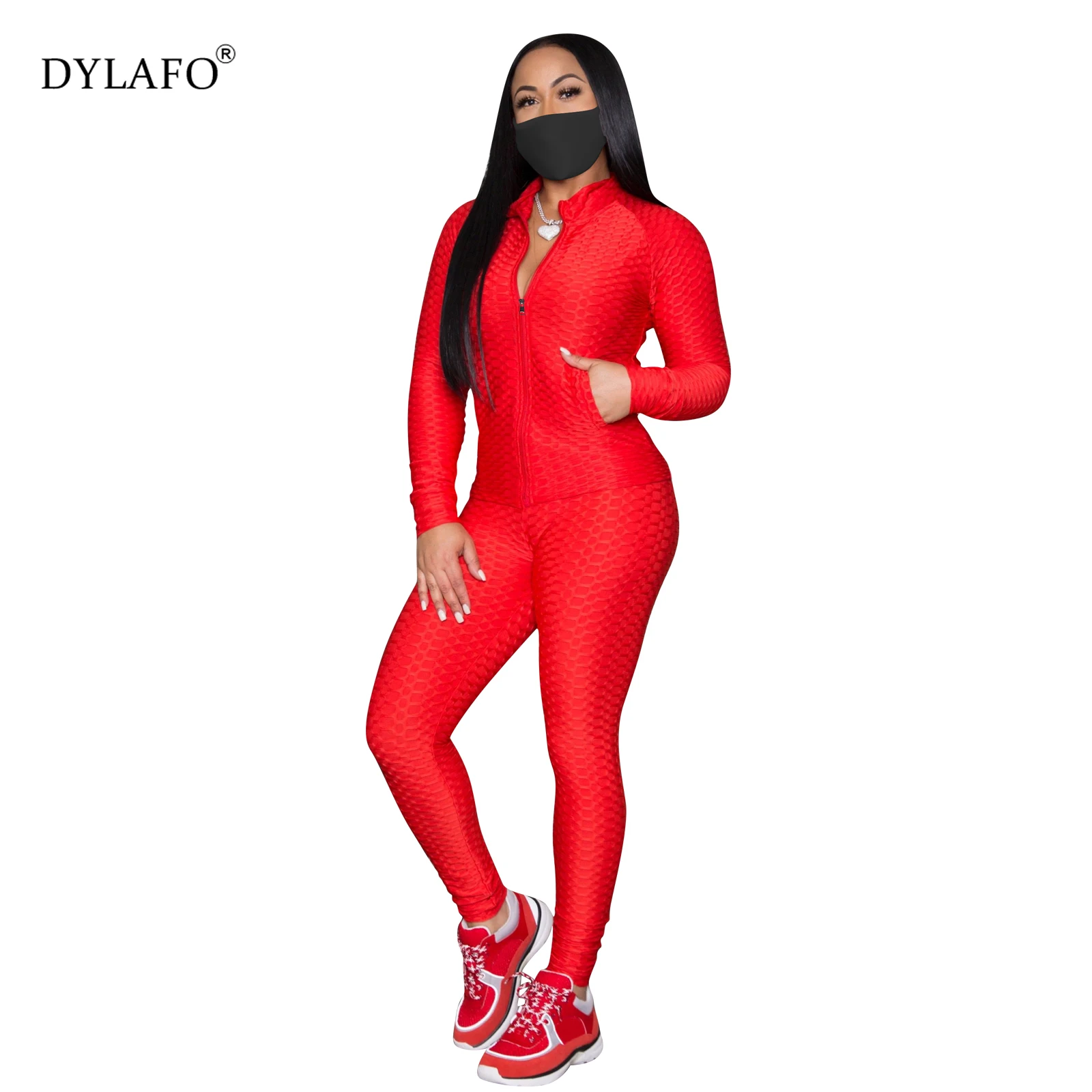 Zip Up Sexy Bodycon Jumpsuit Long Sleeve Fall Clothes for Women Fitness Pants Red Y2k Rompers One Piece Night Club Outfits