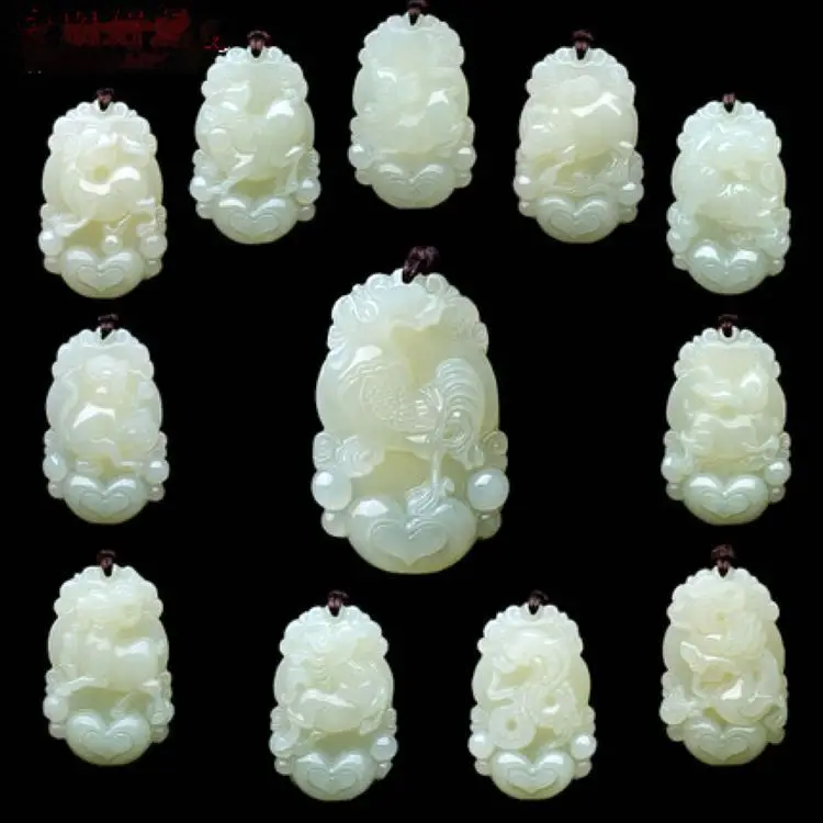 Natural Hetian Jade Hand Carved Jadeite Monkey OX Dragon Tiger Horse Rabbit Cock Pendant Amulet Ornaments Chinese zodiac animal