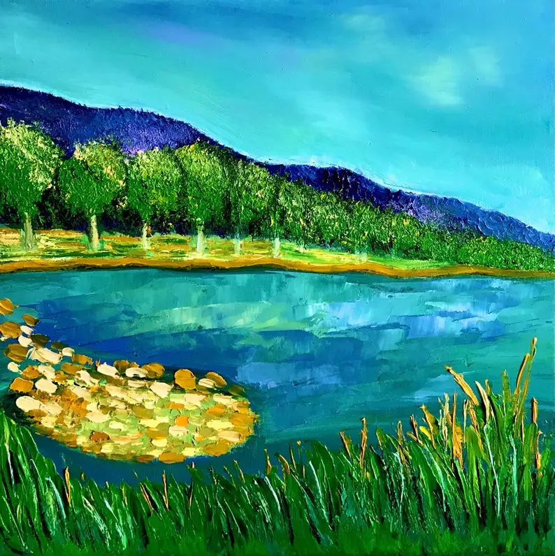 Rural Landscape Painting Original Art Meadow Ducks Pond Artworks Oil On Canvas For Living Room Home Decor