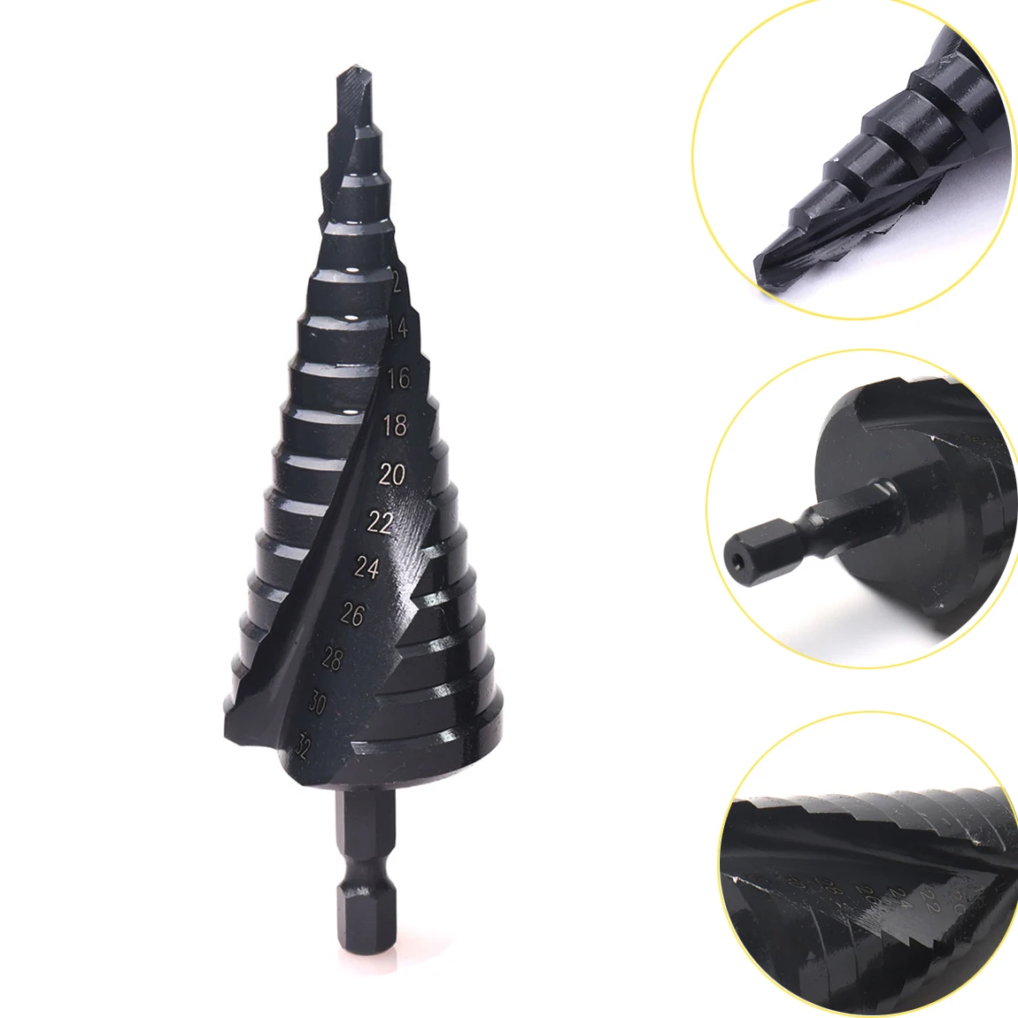 Spiral Groove Step Drill Bit Set, revestido a nitrogênio, Metal Hole Cutter, Core Drill, HSS, preto, 4-12mm, 4-20mm, 4-32mm, 3 pcs