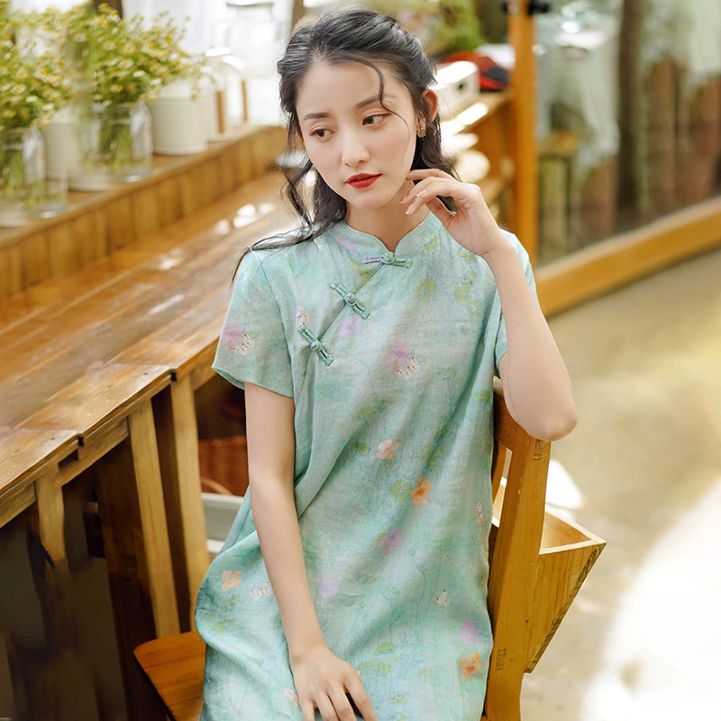 2022 Cotton and Linen Ladies Retro Printed Dress, Vertical Short-Sleeved Summer Improved Cheongsam, Traditional Ramie Dress