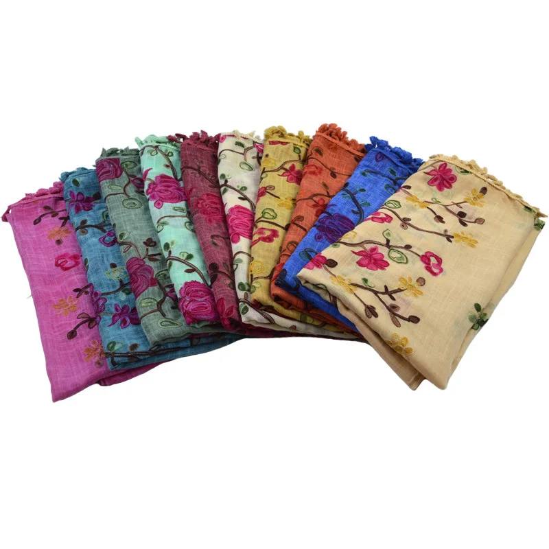 

Women flower embroider Hijab scarf shawls cotton fashion Floral muslim tassel Muffler wraps long scarves 180*90cm 10pcs/lot