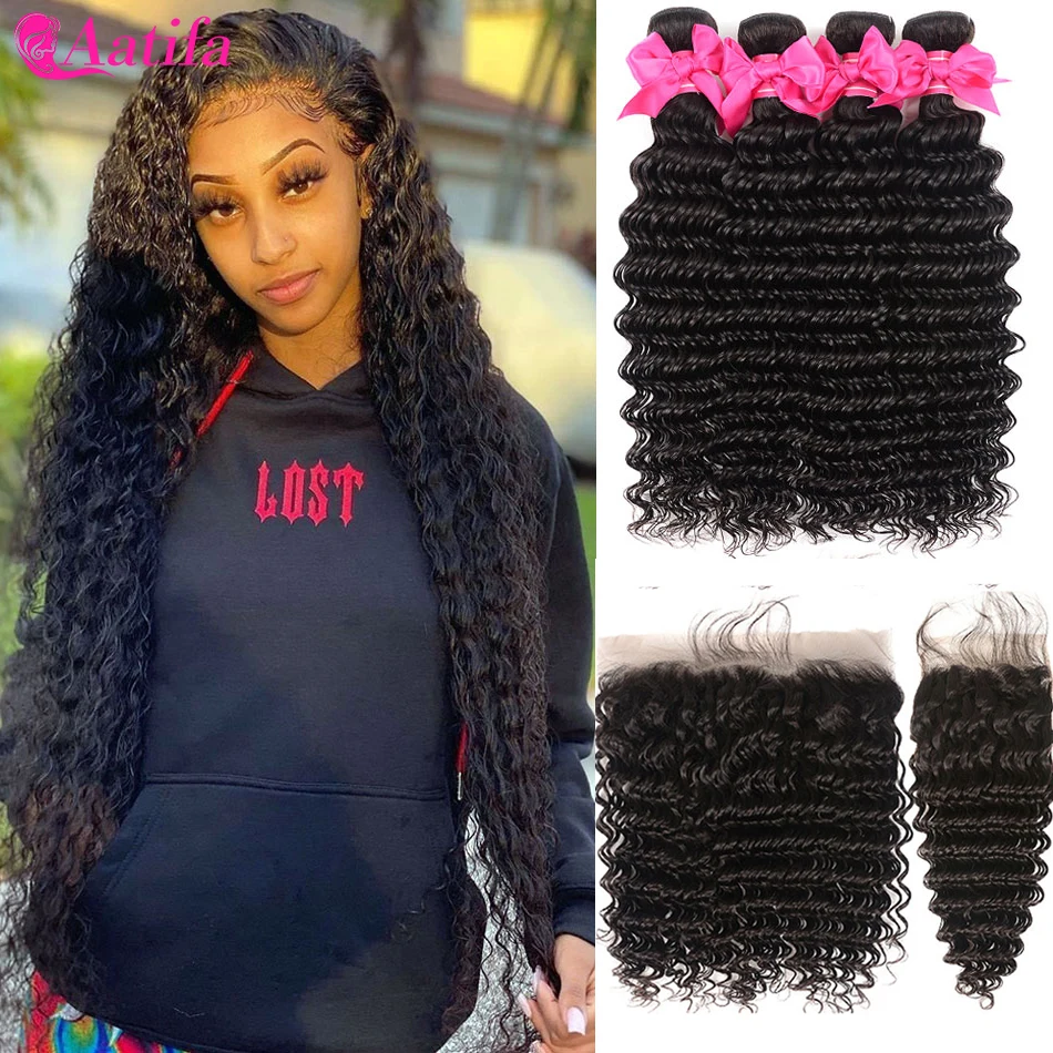 Deep Wave Bundles With Frontal 13x4 Lace Frontal With Bundles Malaysian Remy 100% Human Hair Weave For Black Women Aatifa Hair