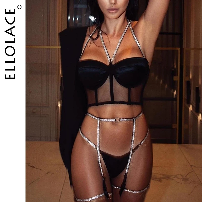 

Ellolace Lingerie Sequin Lingerie Set Sexy Push up Bra 3 Piece Set Padded Women's Underwear Set Bra and Thong Sexy Lingerie