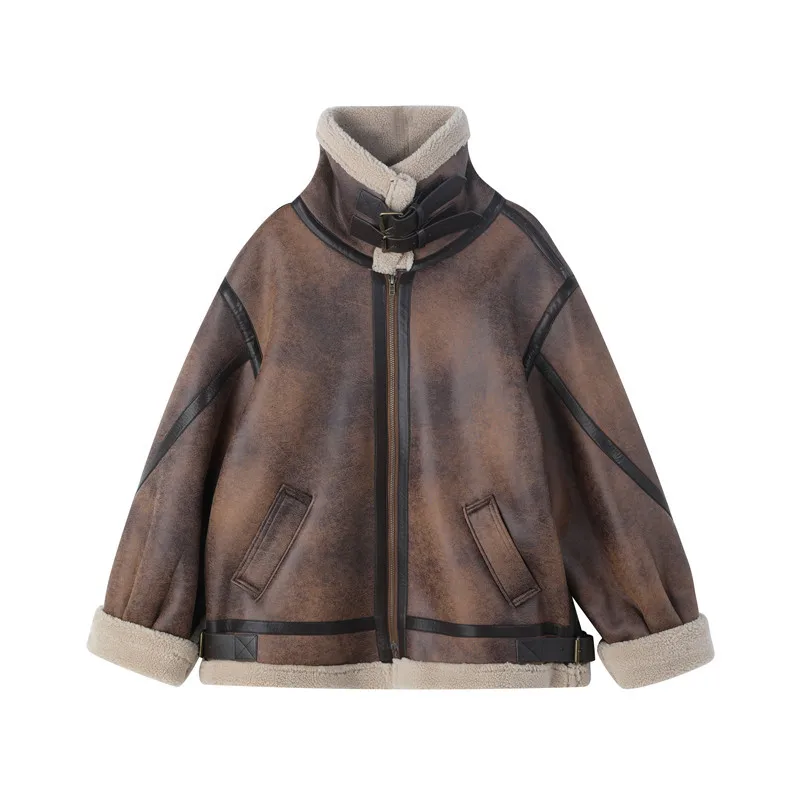 Lamb Fur Coat Deerskin Jacket Women Winter Motorcycle Clothing Loose Streetwear Retro Jacket Fur Leather Jacket Aviator Jacket