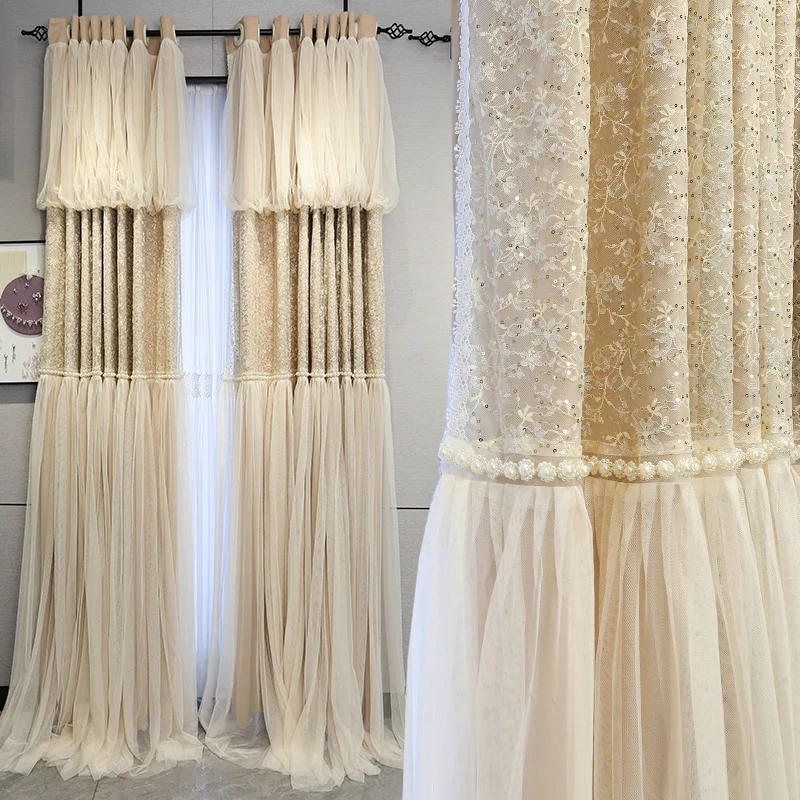 

Princess 2 Layers Beige Blackout Curtains for Living Room Korean Lantern Bling Pearl Cortinas Guaze Tulles Voile for Girls Room