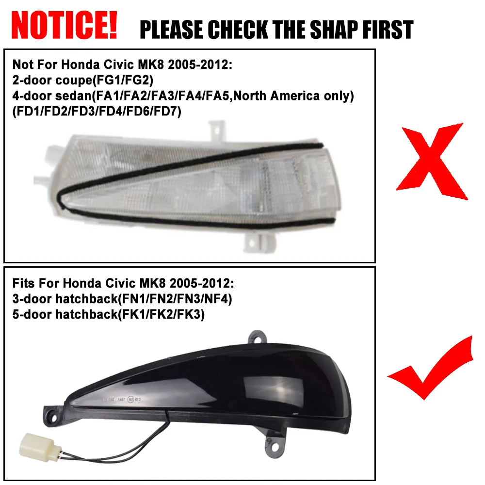 For Honda Civic 8th MK8 Type-S Type-R FN 1 2 3 LED Dynamic Blinker Turn Signal Light for Civic 2005-2012 Hatchback 3 door/5 door
