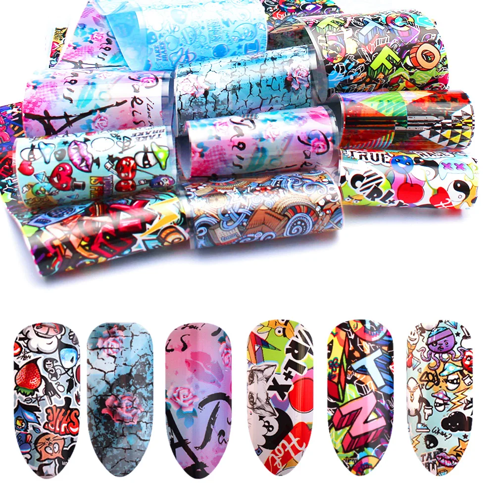 10pcs Colorful Transfer Nail Sticker Holographic Nail Foil DIY Mixed Flower Adhesive Wraps Decal Manicure Accessories