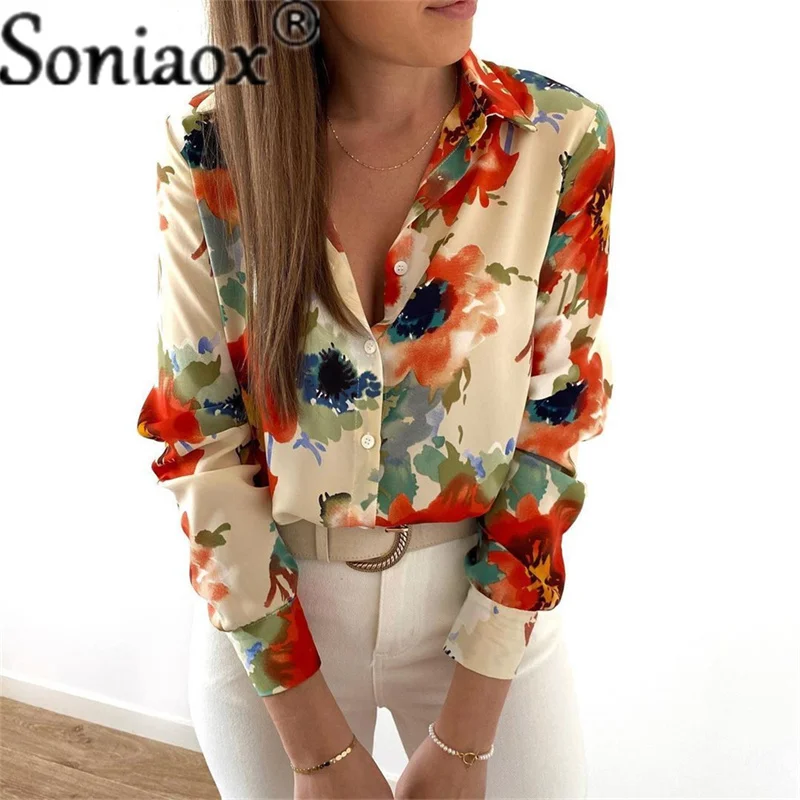 

Ladies Retro Shirts Turn-down Collar Women Tops Long Sleeve Tshirt Lapel Plus Size Tee Elegant Print Spring Casual Office Blouse