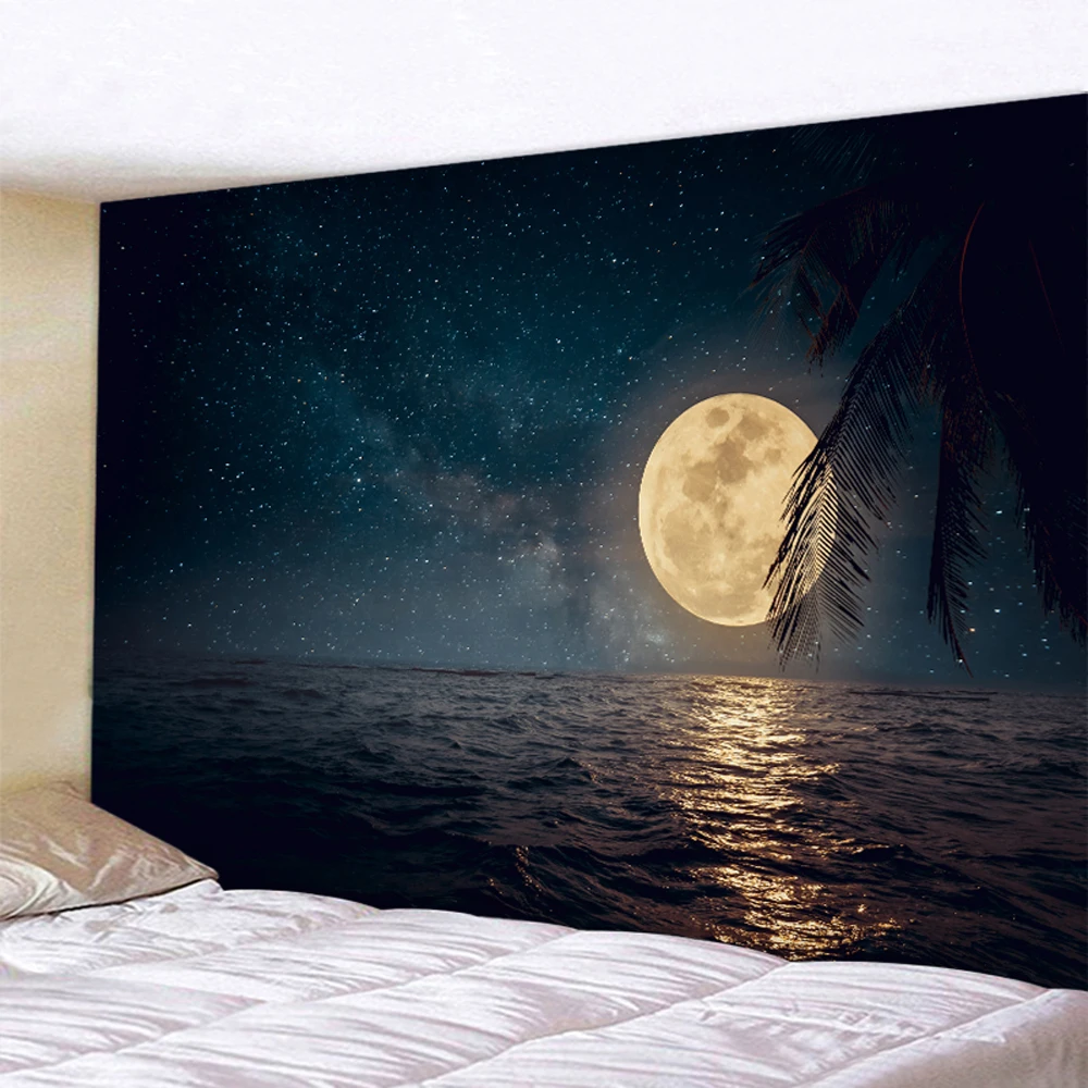 Beach moon background home decoration art tapestry psychedelic scene Hippie Bohemia decoration bedroom sheet yoga mat