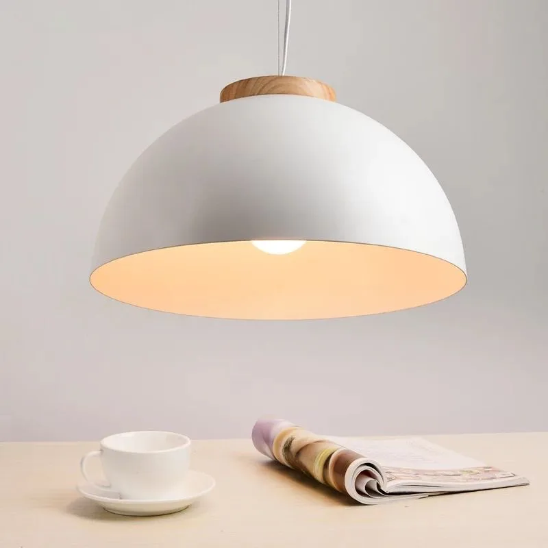 New Modern LED Pendant Lights E27 Round White Wooden Dining Light Metal Lampshade Hanging Lamp Iron Suspension Lighting