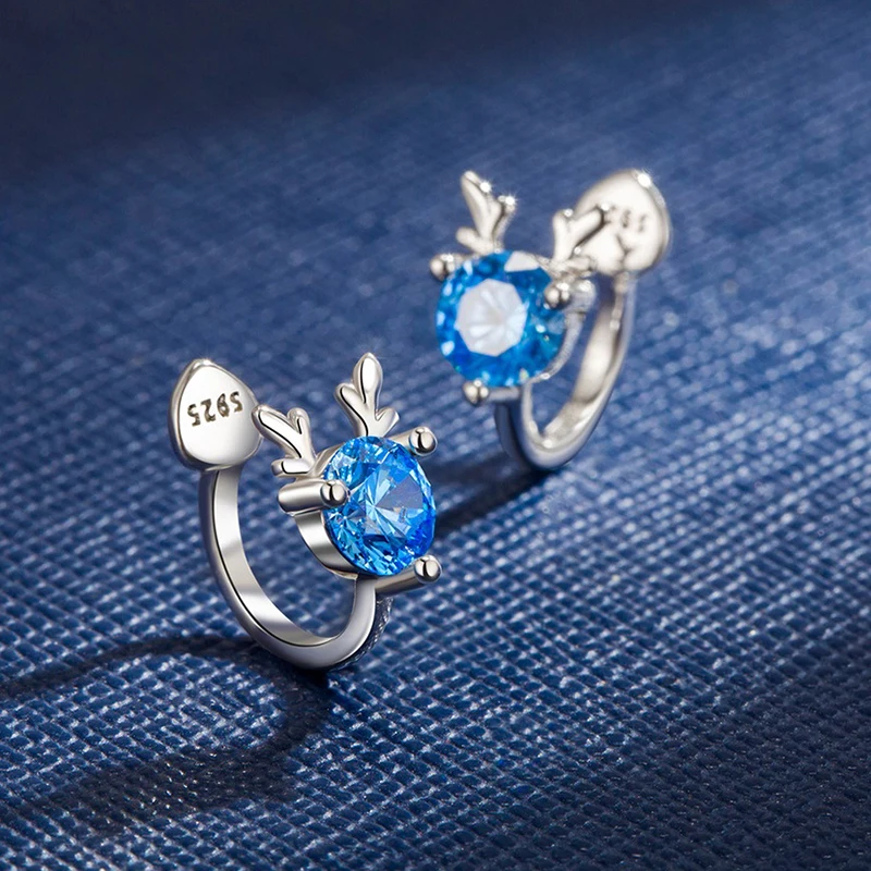 Cute Lovely Antlers Clip Earrings For Women Blue Zircon Stone Small Heart Cuff Earring No Piercing Accessories Charm Ear Jewelry