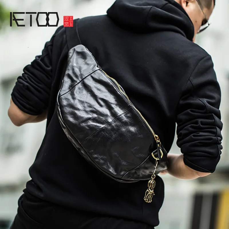 AETOO-Bolso de pecho de cuero vintage para hombre, bandolera cruzada diagonal de un hombro, tendencia